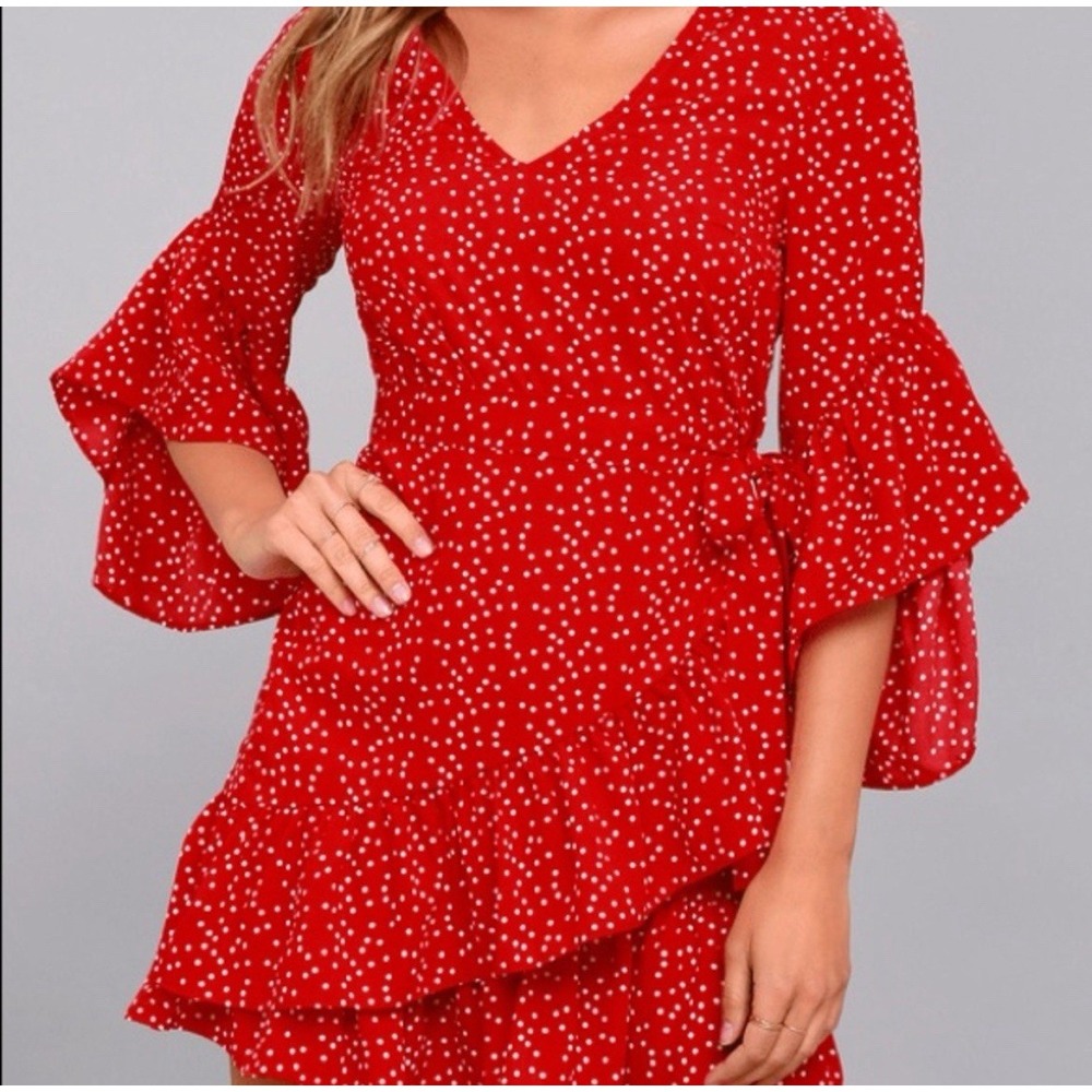Lulu's Red Polka Dot Mini Wrap Dress Size Medium Ruffle Sleeve Cocktail Romantic - Picture 2 of 7